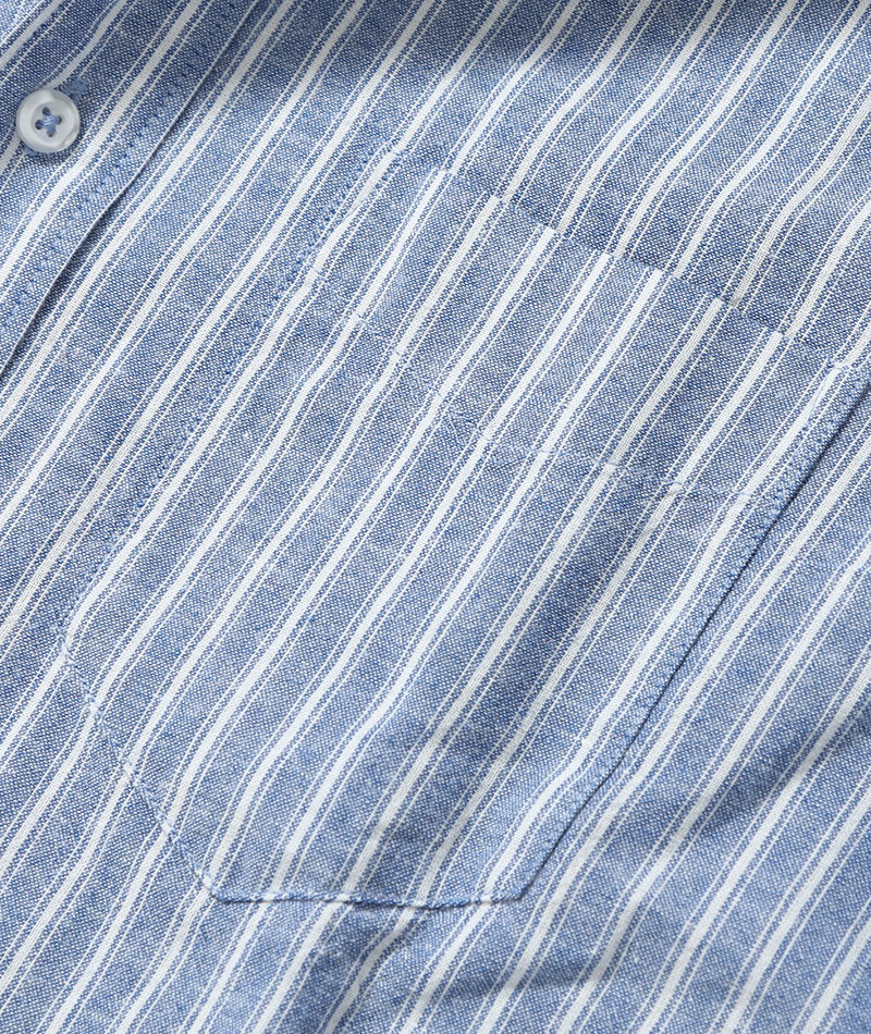 綿麻素材ホリゾンタルカラー７分袖ストライプシャツ