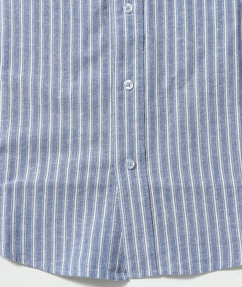 綿麻素材ホリゾンタルカラー７分袖ストライプシャツ