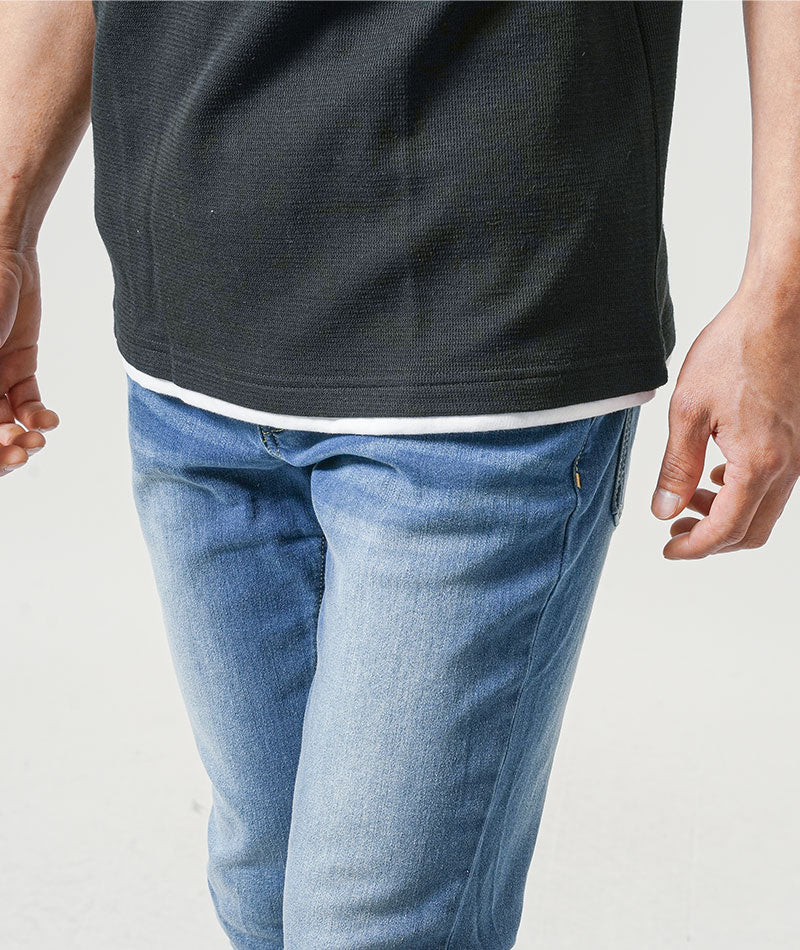 フェイクレイヤードオーバーサイズ半袖キーネックTシャツ