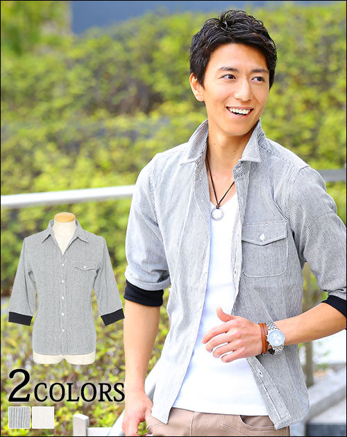 リブ付きストライプデザイン麻混７分袖シャツ ｜ メンズファッション