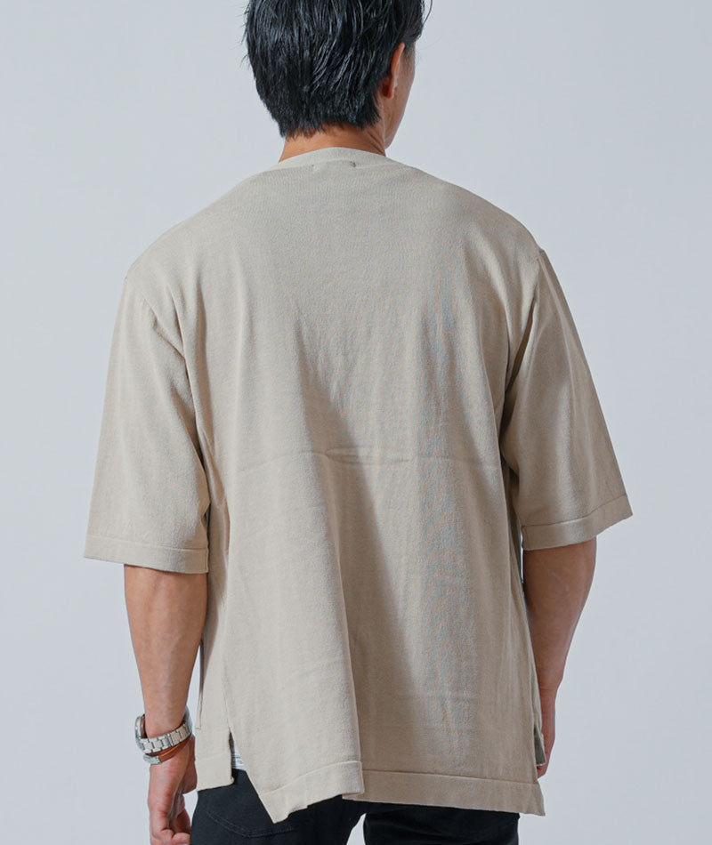 接触冷感５分袖ボタンレスサマーニットカーディガン×杢デザインVネックTシャツ　2枚セット