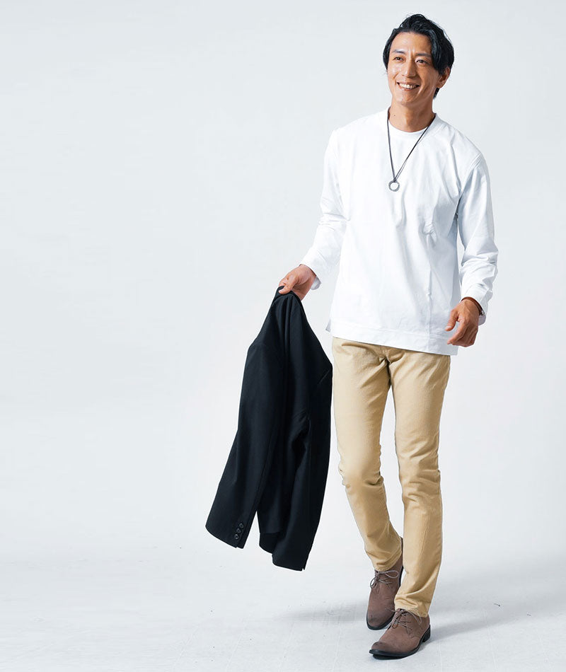 メンズ3点秋コーデセット　黒長袖テーラードジャケット×白長袖Tシャツ×ベージュスリムチノパンツ