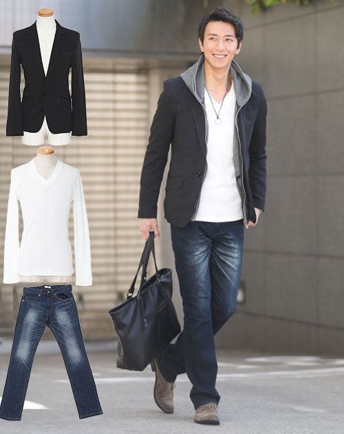 黒ジャケット×白Tシャツ×紺デニムパンツ3点セット