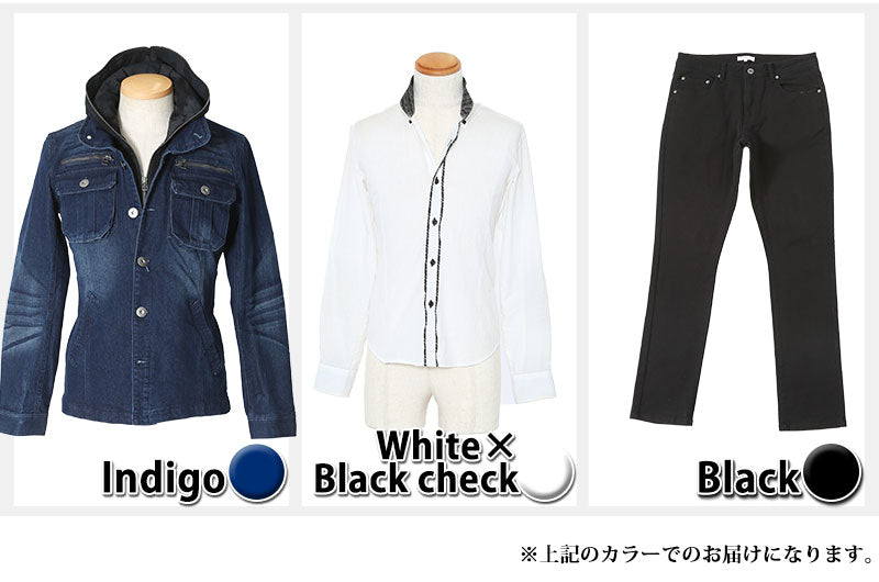 インディゴジャケット×白シャツ×黒パンツ3点メンズコーデセット