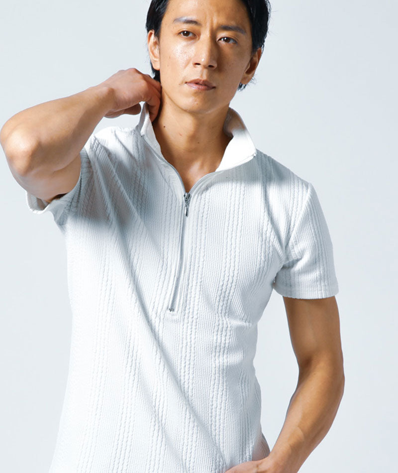横浜デート服メンズ3点コーデセット ブルーストライプ7分袖シャツ×白ハーフジップスリムポロシャツ×ストレッチデニムパンツ