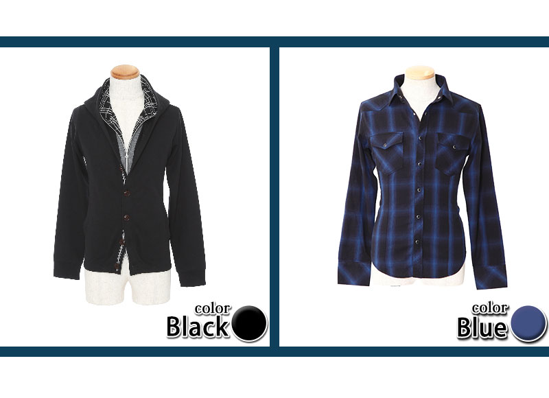 黒パーカー×青チェックシャツの2点トップスコーデセット