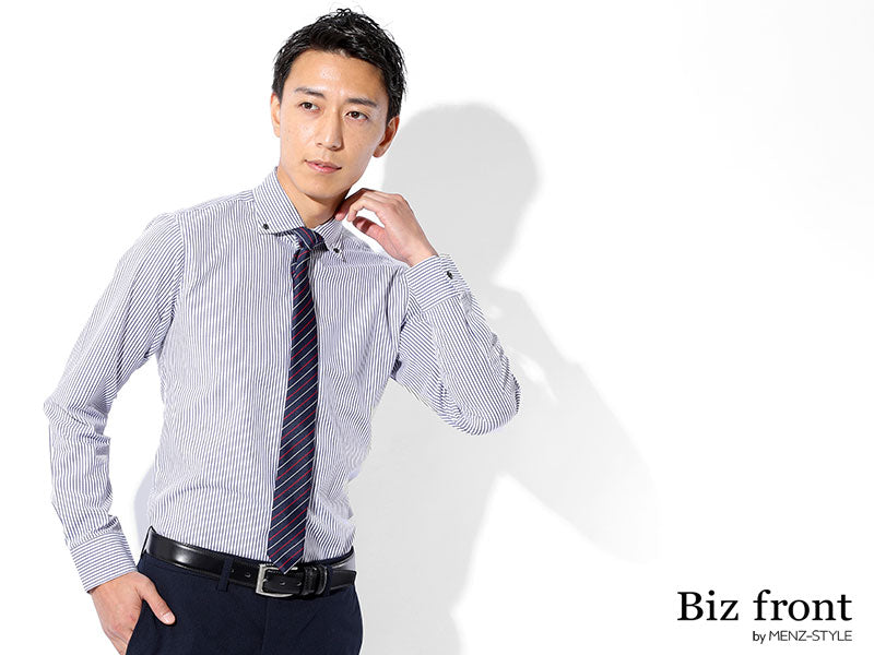 日本製形態安定ビジネスカジュアルボタンダウン長袖スリムストライプシャツ Designed by Bizfront in TOKYO
