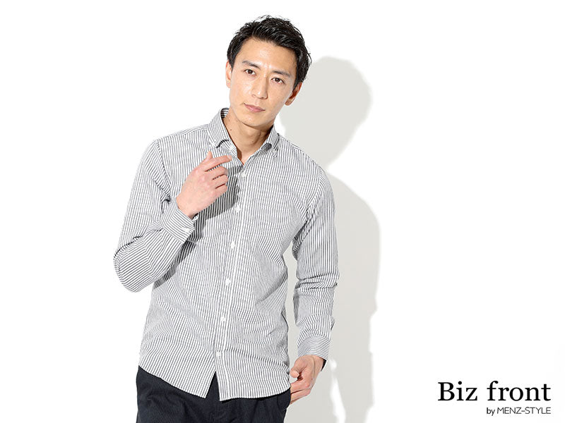日本製 接触冷感イージーケア長袖スリムツイルストライプシャツ Designed by Bizfront in TOKYO