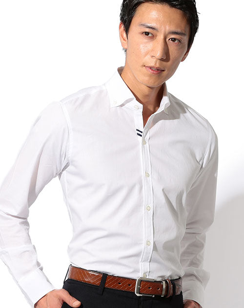 日本製 形態安定ノーネクタイ専用ダブルラインデザイン長袖スリムボタンダウンシャツ