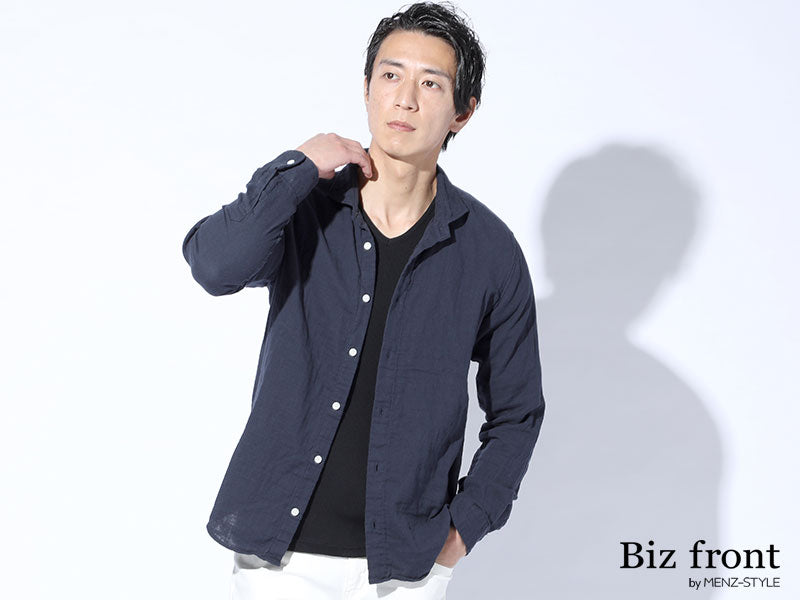 日本製 ホリゾンタルカラー白ボタンダブルガーゼ長袖スリムシャツ Designed by Bizfront in TOKYO