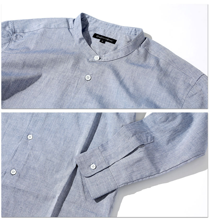 日本製 シャンブレーバンドカラー長袖ゆったりシルエットシャツ Designed by Bizfront in TOKYO