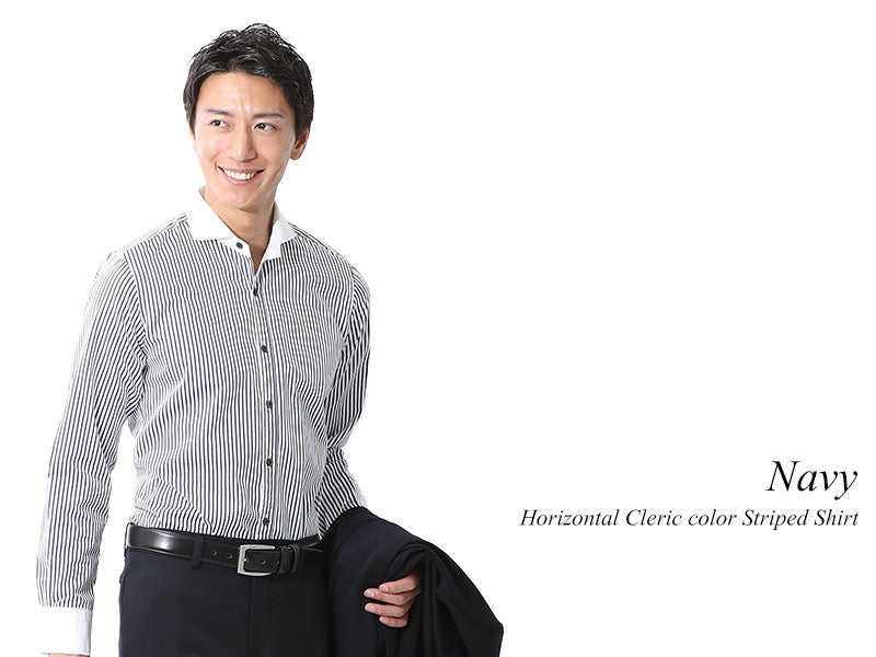 日本製 ホリゾンタルカラークレリックビジネスカジュアル長袖スリムストライプシャツ Designed by Bizfront in TOKYO