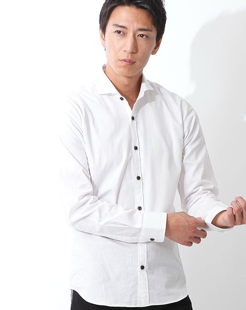 日本製 粒高ボタンホリゾンタルカラー長袖スリムビジネスカジュアルブロードシャツ