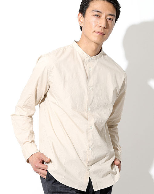 洗いざらし加工バンドカラーゆったりシルエット長袖シャツ 日本製