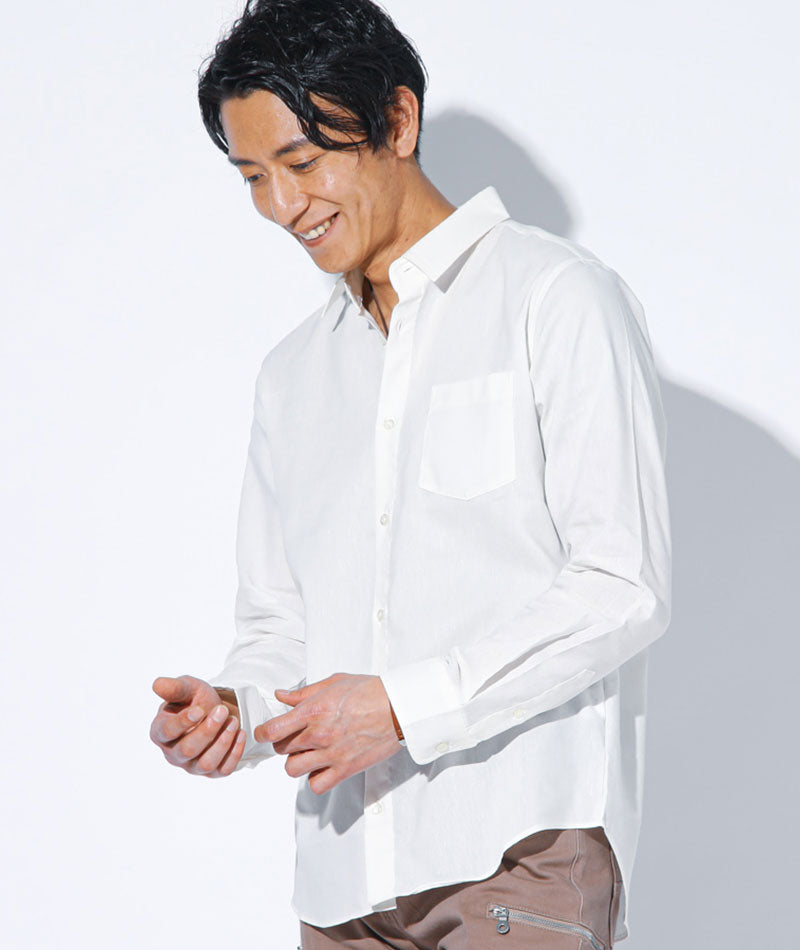 日本製クールマックス素材ストレッチ麻混長袖シャツ