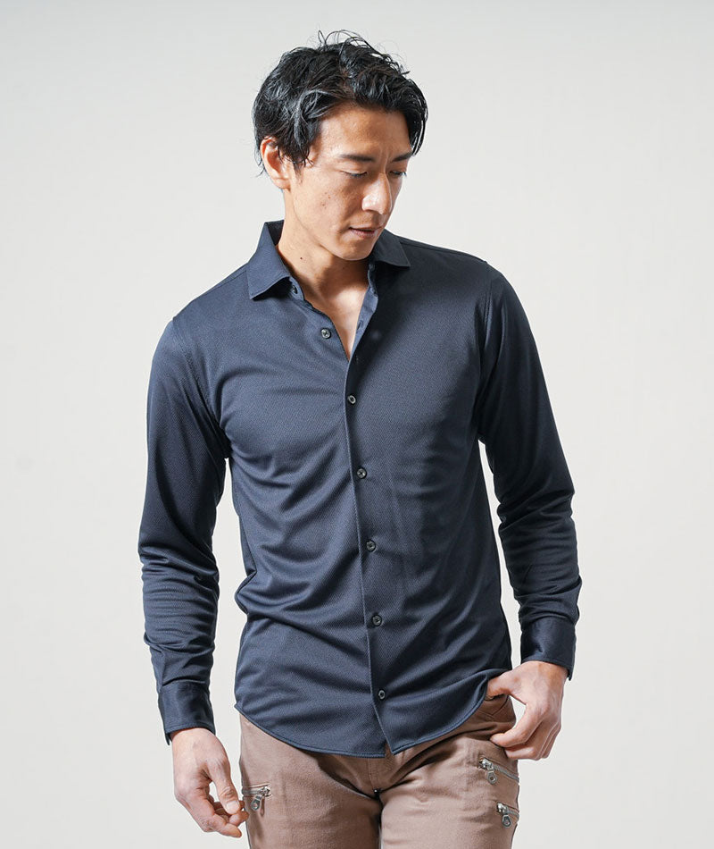 日本製ホリゾンタルカラー長袖ドライメッシュストレッチシャツ