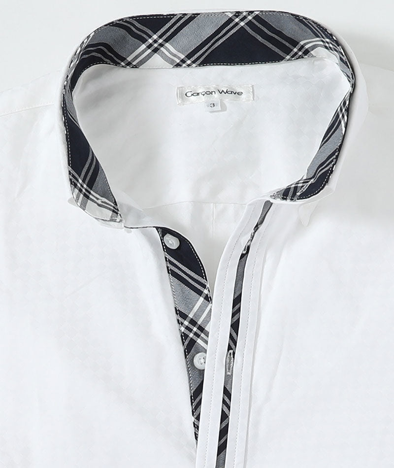 2枚襟チェックデザインシャドーブロック半袖シャツ