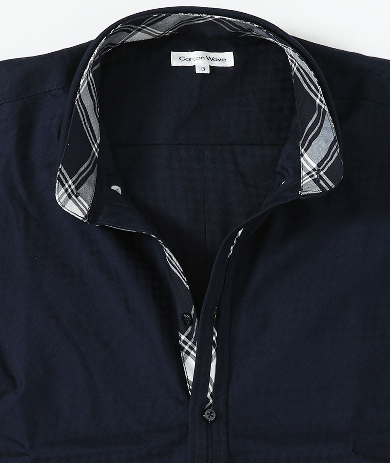 2枚襟チェックデザインシャドーブロック半袖シャツ