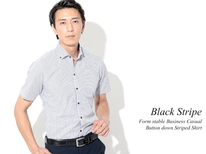 ブラックストライプ形態安定半袖シャツ×ブラックチェック形態安定半袖シャツ 60代メンズ2点トップスコーデセット biz