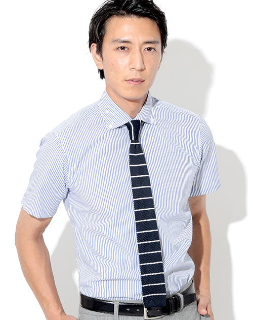 形態安定半袖スリムビジネスカジュアルボタンダウンストライプシャツ 日本製