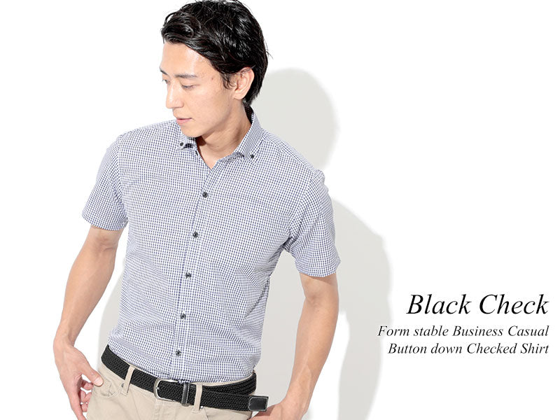 ブラックストライプ形態安定半袖シャツ×ブラックチェック形態安定半袖シャツ 60代メンズ2点トップスコーデセット biz
