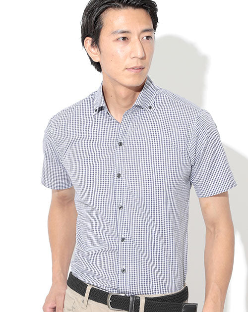 形態安定半袖スリムビジネスカジュアルボタンダウンチェックシャツ 日本製