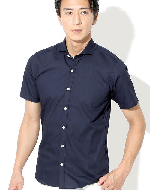 粒高ボタンホリゾンタルカラー半袖スリムビジネスカジュアルブロードシャツ 日本製