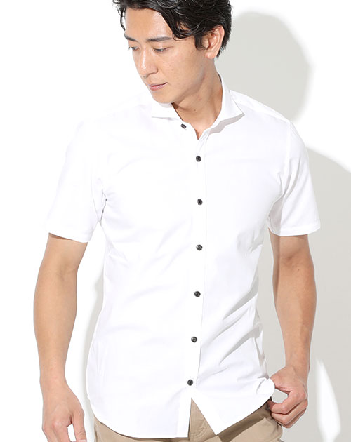 粒高ボタンホリゾンタルカラー半袖スリムビジネスカジュアルブロードシャツ 日本製