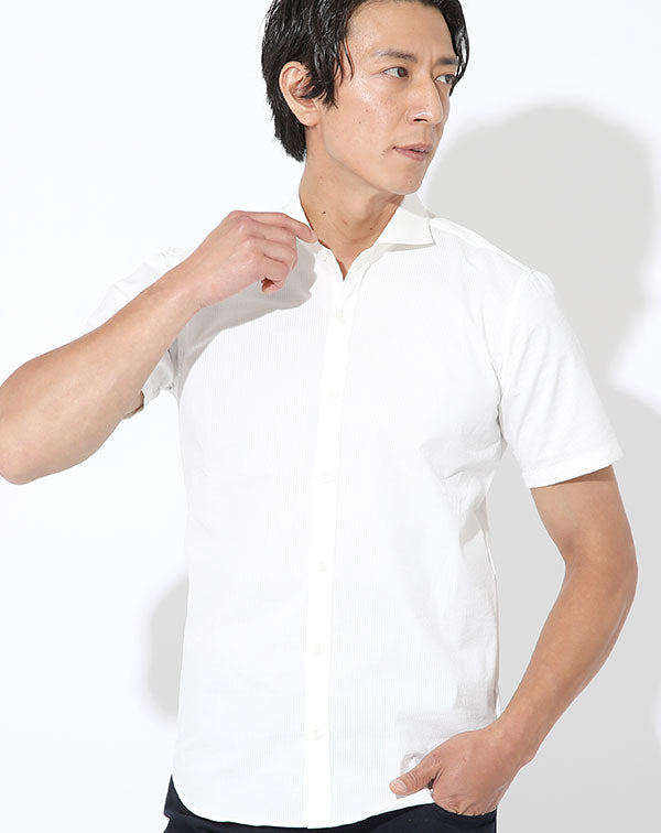 日本製 シアサッカークールマックスストレッチ半袖スリムビジネスカジュアルシャツ