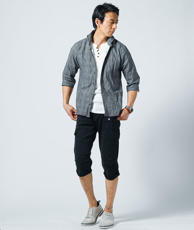 シワ加工綿麻グレンチェックホリゾンタルカラー7分袖シャツ　日本製