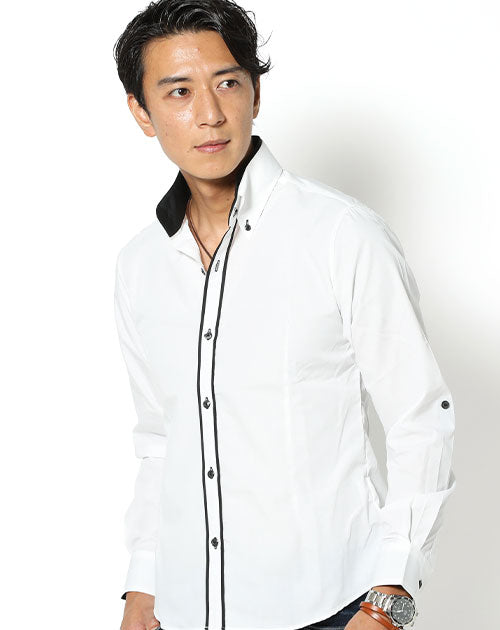 ２枚襟デザイン日本製スリムフィット長袖シャツ