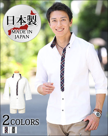 フェイクタイチェックデザイン日本製７分袖シャツ