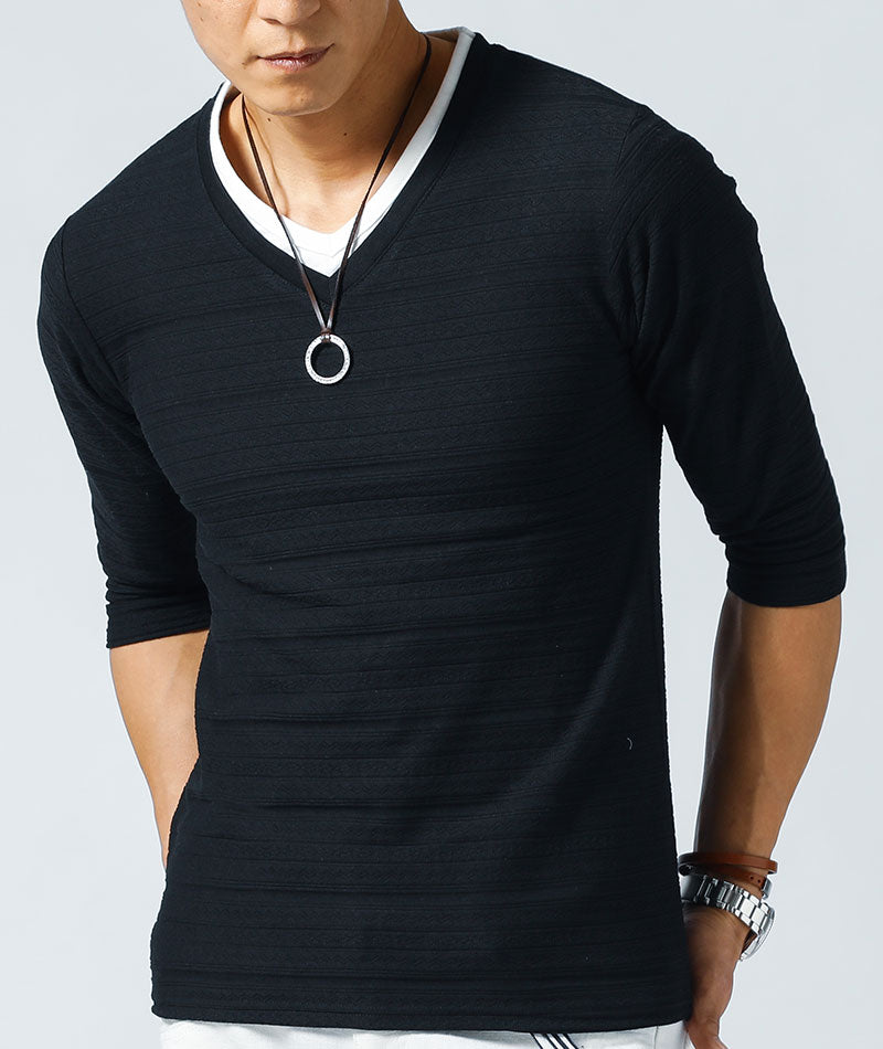 ジャガード織りフェイクレイヤード7分袖・半袖VネックTシャツ