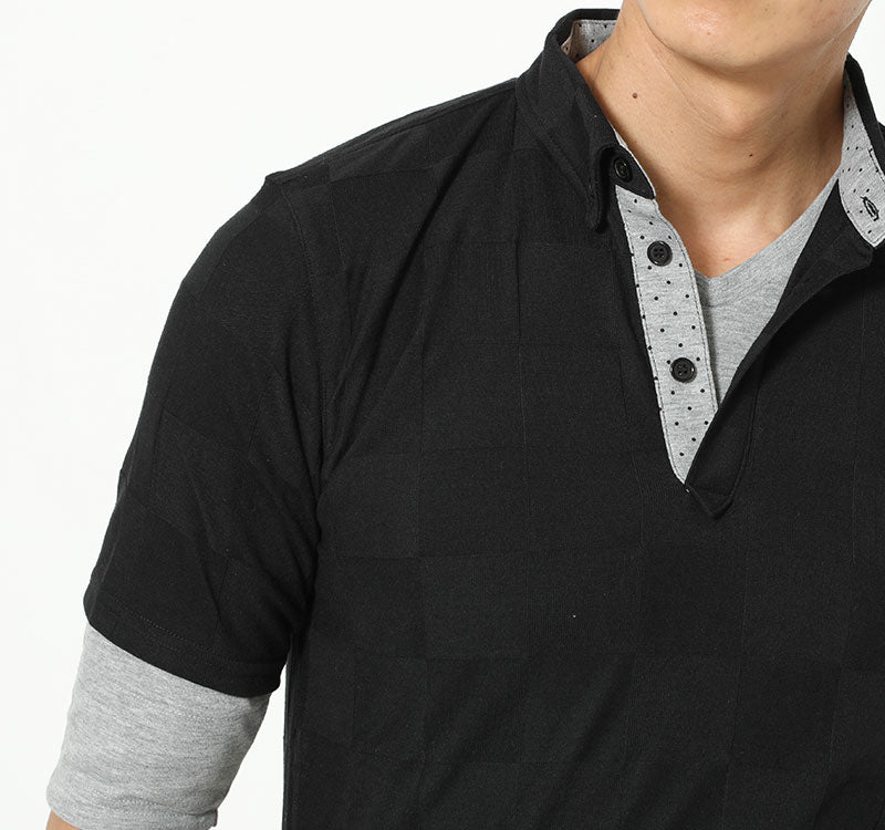 ブロックチェック半袖ポロシャツ×無地５分袖Ｔシャツ　２点セット