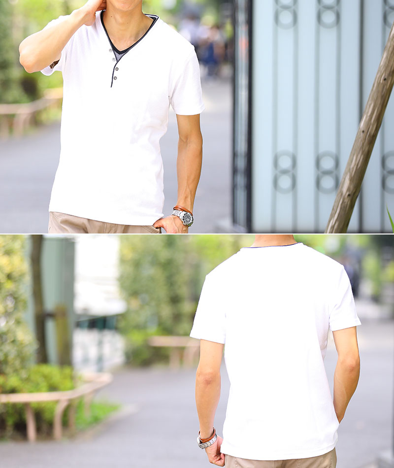 Tシャツ カットソー メンズ 半袖 Vネック おしゃれ ブランド 人気 おすすめ 無地 コーデ 40代 50代大きいサイズ ワッフル フェイクレイヤードデザイン