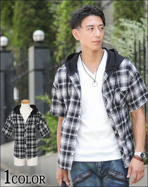 フード付き半袖チェックシャツ ｜ メンズファッション通販 MENZ-STYLE(メンズスタイル）