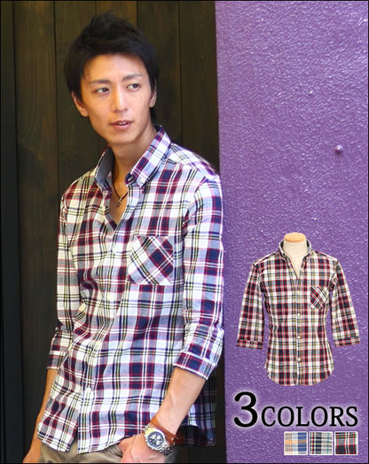 マドラスチェックシャツ７分袖　日本製