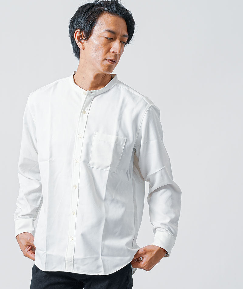 30代メンズ3点コーデセット　白長袖バンドカラーシャツ×黒長袖Tシャツ×グレースリムチノパンツ