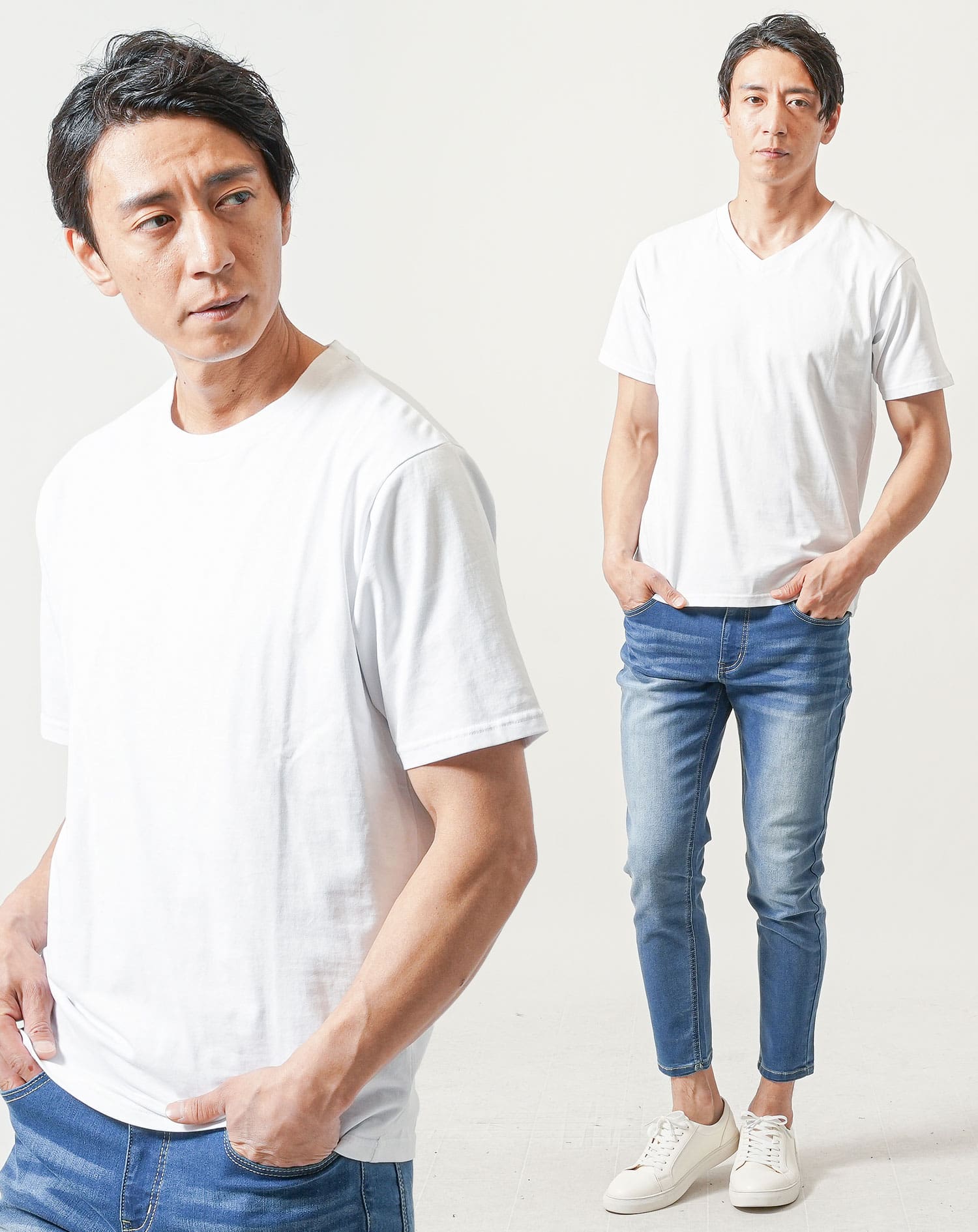 40代メンズ涼しい夏服3点コーデセット　白半袖VネックTシャツ×白半袖クルーネックTシャツ×ブリーチストレッチアンクルデニムパンツ