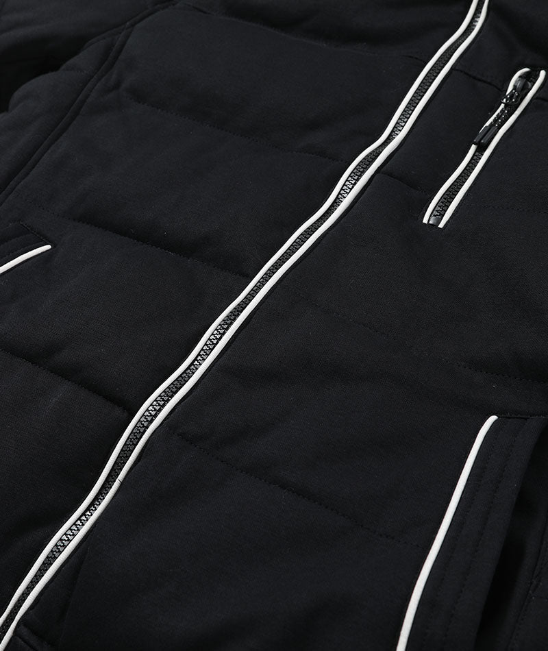 50代の方におすすめトリコロールデザインパイピングフード付き中綿ダウンジャケット