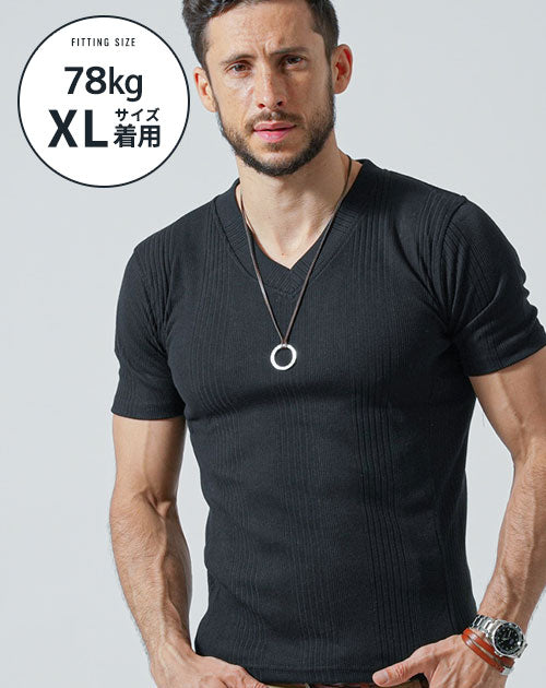がっちり体型の方におすすめランダムテレコ半袖VネックTシャツ