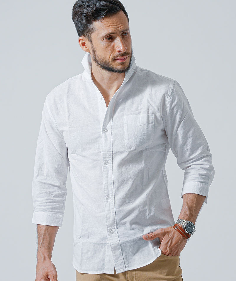 がっちり体型の方におすすめ3点メンズコーデセット　白綿麻7分袖シャツ×ネイビー半袖Tシャツ×ベージュスリムチノパンツ