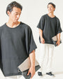 がっちり体型夏の2点コーデセット 黒半袖サマーニットTシャツ×白ストレッチテーパードパンツ