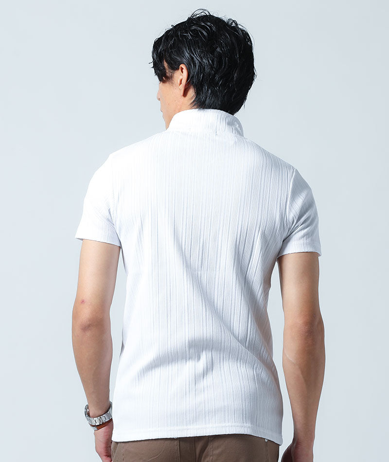ランダムテレコ素材スタンドカラー半袖ポロシャツ