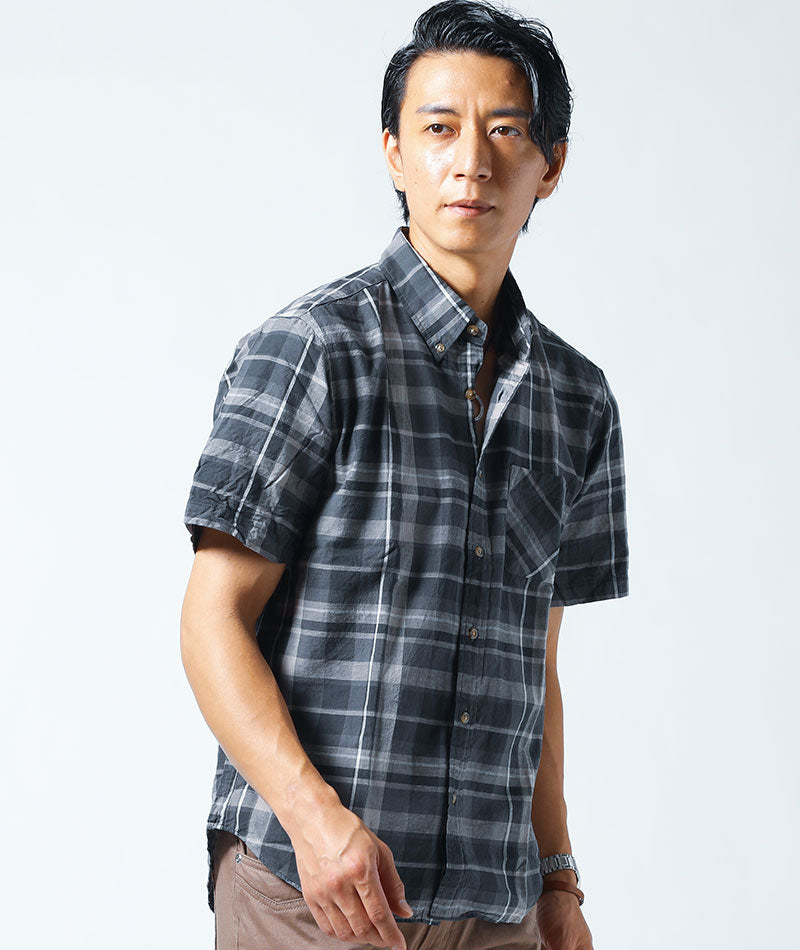 綿麻素材チェックデザイン半袖日本製シャツ