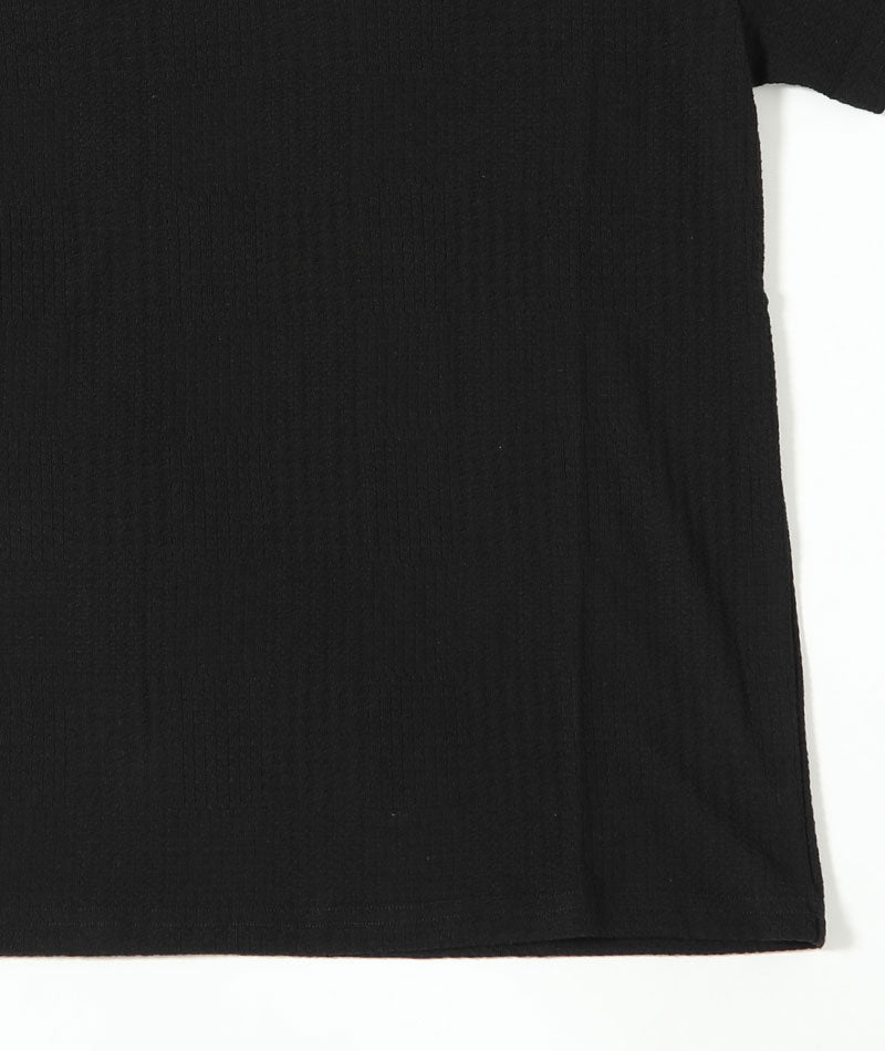 グレンチェックデザインパイル素材半袖VネックTシャツ