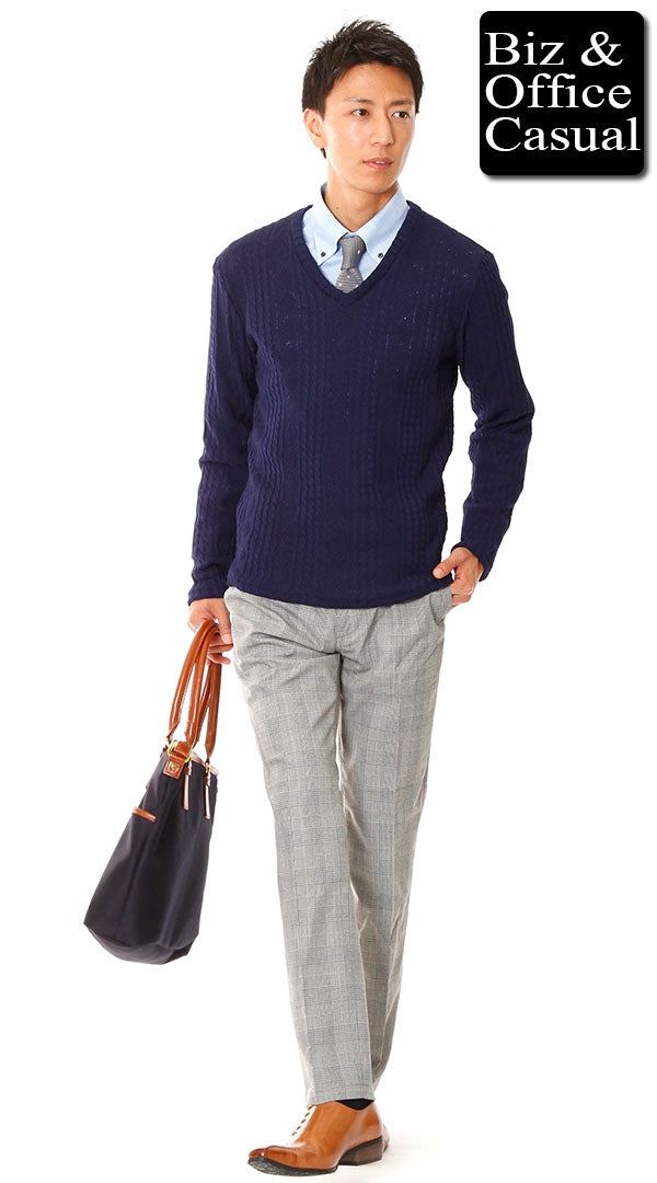 ネイビーニットセーター×グレーチェックパンツ biz14-15aw_0647の 