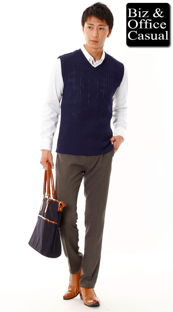 ネイビーニットベスト×グレースラックス biz14-15aw_1414の