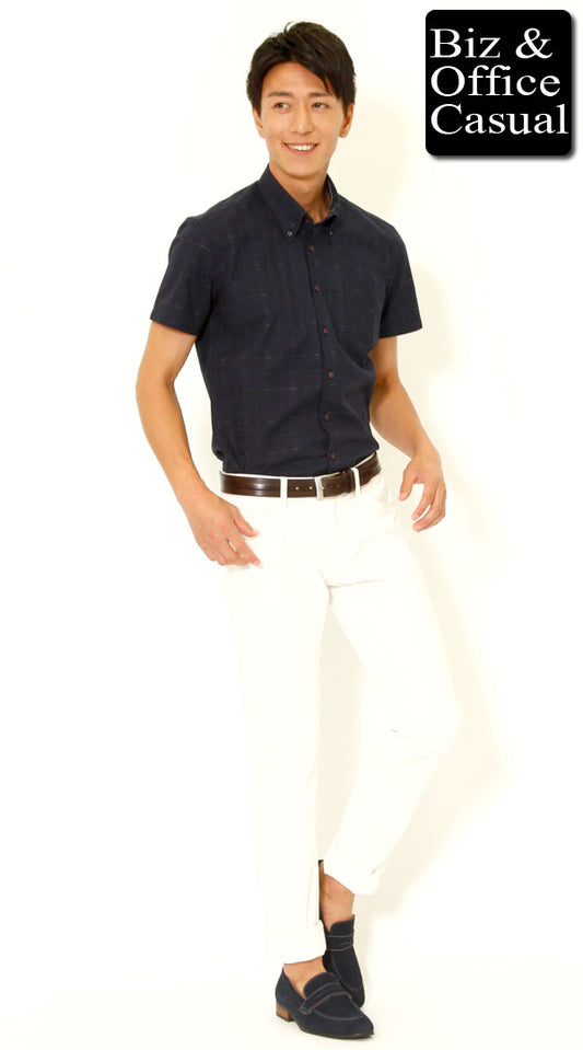 半袖ネイビーチェックシャツ×ホワイトパンツ×くるぶし魅せスタイル　biz15ss4027