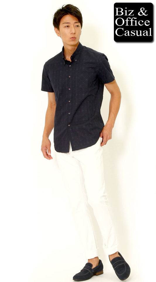 ネイビーチェックシャツ×ホワイトパンツ　biz15ss3997
